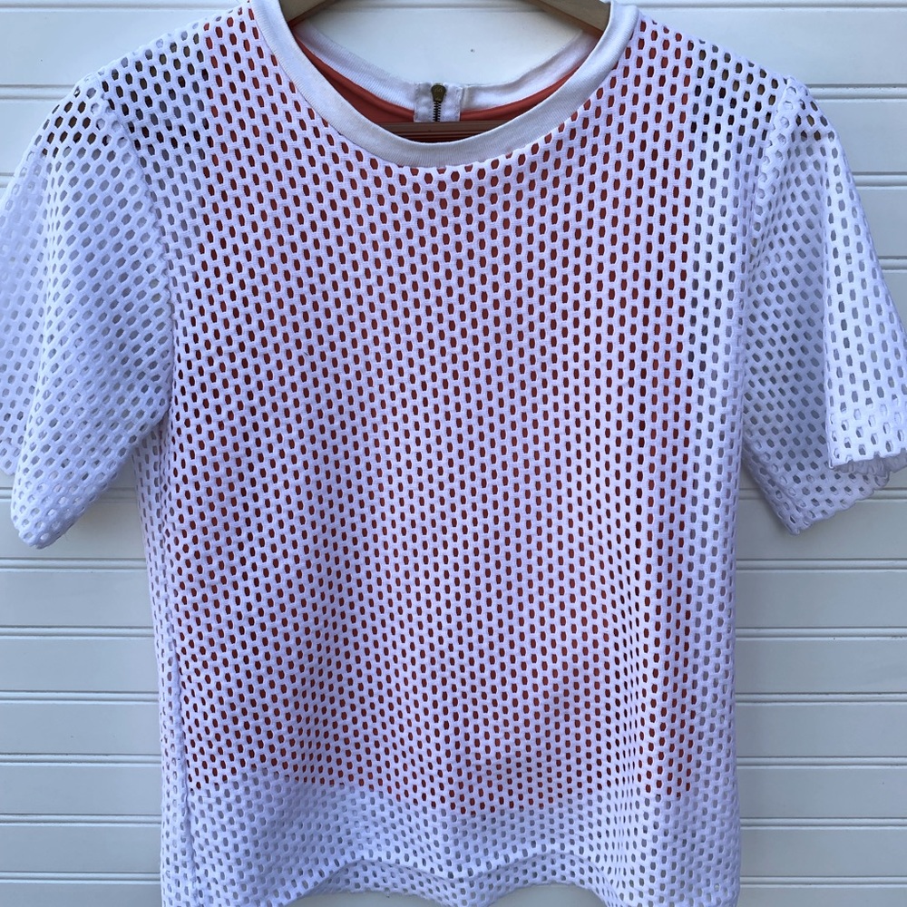 Sandro Paris White Net Overlay Top With Orange Red Lining